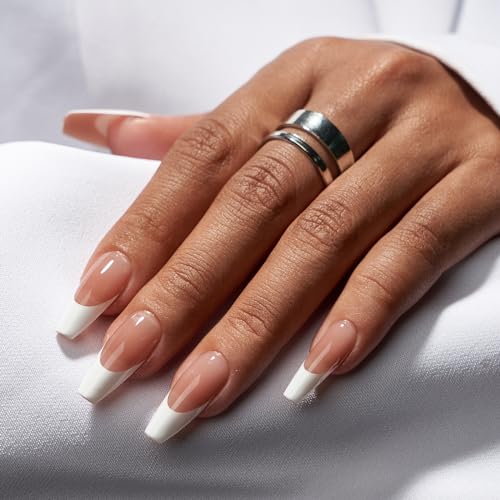 BTArtbox French Tip Press On Nails - Press On Nails Medium Coffin, Glue On Nails for Gifts, Natural Reusable Stick On Nails in 15 Sizes - 30 Fake Nails Kit