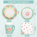 Whaline Tea Party Tableware Supplies Serves 24 Spring Floral Tea Party Disposable Paper Dinnerware, 24 9" Plates 24 7" Saucer Plate 24 9oz Tea Cups with Handle 48 Luncheon Napkins