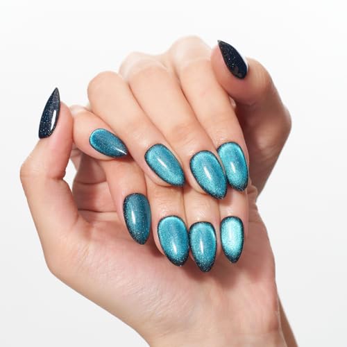 GLAMERMAID Press on Nails Short Almond, Handmade Lake Blue Cat Eyes Gel Glue on Nails, 24Pcs Glossy Short Stiletto Reusable UV Finish Fake Nails Acrylic False Nails Manicure Kits for Women
