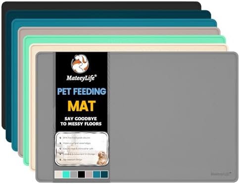 MateeyLife Dog & Cat Food Mat for Floors Waterproof, Nonslip Dog Bowl Mats for Food and Water, Dog Feeding Mats with Raised Edges, Silicone Dog Water Matt Tray for Messy Drinkers, 24"x16", Grey