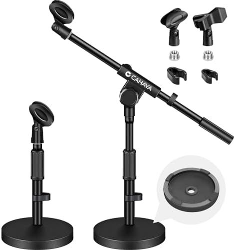 CAHAYA Microphone Stand Desk Adjustable: Boom Arm Mic Stand Desktop with 2 Mic Clips Reinforced Metal Base Table Mic Mount with 3/8" to 5/8" Screw Adapter for Singing Performance Wedding Stage Black