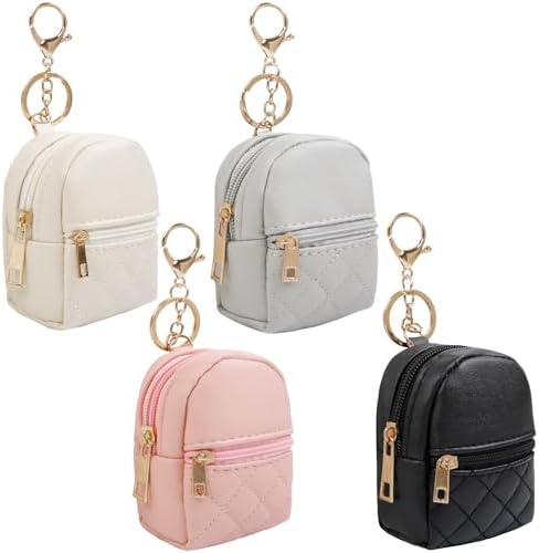 4Pcs Mini Backpack Keychain,Cute Cosmetic Bag for Women,PU Leather Makeup Bag Key Pocket Lipstick Bag Card Holder Data Cable Organizer Zipper Pouch (black beige pink gray)