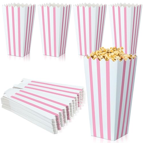 Geyoga 48 Pcs Pink Popcorn Boxes Small Pink Popcorn Bags Striped Paper Popcorn Bags Pastel Popcorn Boxes Pink and White Candy Containers for Birthday Party Favor Supplies (8 x 4 Inches)
