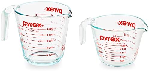 Pyrex 2 Piece Glass Measuring Cup Set, Includes 1-Cup, and 2-Cup Tempered Glass Liquid Measuring Cups, Dishwasher, Freezer, Microwave, and Preheated Oven Safe, Essential Kitchen Tools