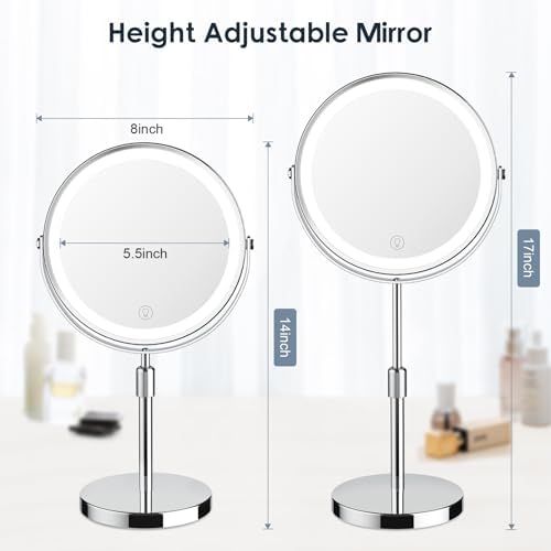 Makeup Mirror with Lights, Height & Brightness Adjustable Lighted Makeup Mirror with 10x Magnification, 8" Rechargeable Double Sided Vanity Mirror with 3 Colors Lights