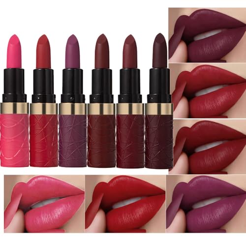 6 Pcs Pink Dark Red Purple Wine Red Lipstick Matte Sets,Velvet Lipstick for Women Long Lasting Waterproof 24 Hours Lip Stick Lip Stain Makeup Gift Sets,labiales mate 24 horas originales