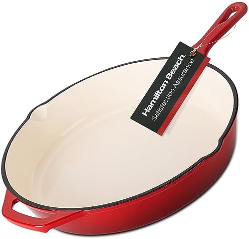 Hamilton Beach Enameled Cast Iron Fry Pan 12-Inch Red, Cream Enamel Coating, Skillet Pan for Stove Top and Oven