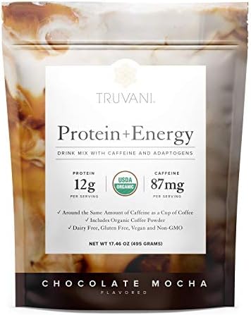 Truvani Protein + Energy Drink Mix with 87mg Caffeine | Chocolate Mocha | 12g Organic Plant Based Protein | 20 Servings | USDA Organic Coffee Powder & Adaptogens | Gluten & Dairy Free | Vegan