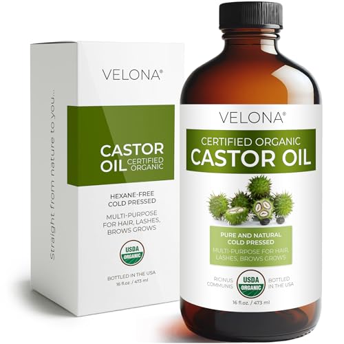 velona USDA Certified Organic Castor Oil - 16 Fl Oz in Glass Bottle | Golden, Virgin For Hair Growth, Boost Eyelashes, Eyebrows | Cold pressed, Natural Oil, USP Grade | Hexane Free, Lash Serum, Caster