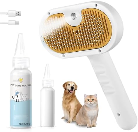 Pet Steam Brush for Dog & Cat – 3-in-1 Spray Hair Removal Comb – Steam for Shedding & Grooming – Water Brush for Long & Short Haired Pets – Spritz Defur Comb – Includes Waterless Shampoo