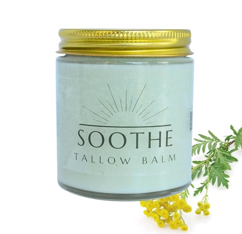 Soothe Tallow Balm- Pasture-fed Beef Tallow Infused with Blue Tansy & Colloidal Oatmeal- Infant safe ointment/moisturizer for rash, dry skin, eczema, psorasis- Organic (4 oz)