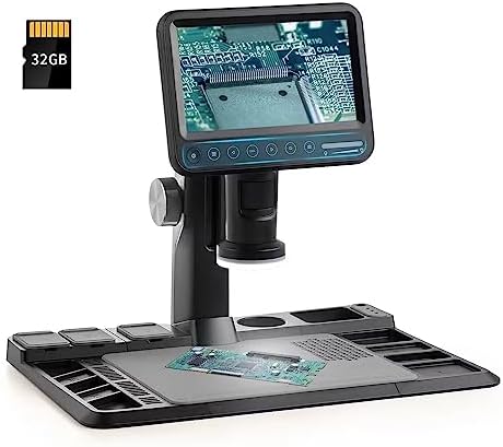 7'' Digital Microscope 1600X with Silicone Repair Mat, 28 Lights Coin Microscope, 12MP Sensor Soldering Electronic Repair Microscope with IPS Touch Control Screen, 32GB
