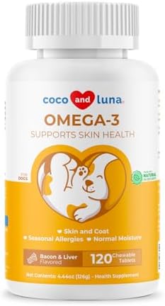 Omega 3 Fish Oil for Dogs - 120 Chewable Tablets - with Omega 3, 6, and 9, Vitamin E for Dog Shedding, Itchy, Dry Skin, Joint & Heart Support