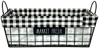 Rae Dunn ‘Market Fresh’ Metal Lined Basket - Rustic, Farmhouse, Vintage Style with Wire and Fabric - Storage Organizer for Kitchen, Pantry, Laundry Room, Closet, Nursery, Office - Cute Home Décor
