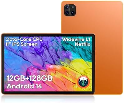 Android Tablets, 11 inch Octa-Core Processor Tablet with 2 Years Protection, 128GB Storage,12GB RAM, 6ft Charging Cable, 8000mAh Battery, Reinforced Type-C Port, Quad-Speaker, Orange
