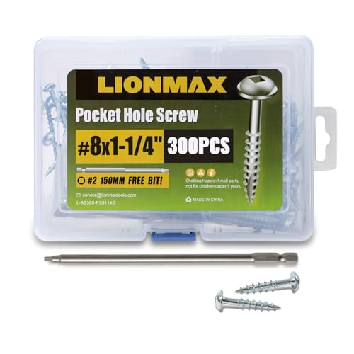 LIONMAX Pocket Hole Screws 1-1/4 Inch, 300PCS #8 x 1-1/4" Pocket Screw with Square Drive, Coarse Threads, for Indoor Wood Project, Zinc Plated, 150MM Drive Bit Included