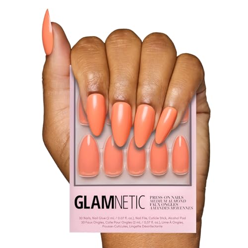 Glamnetic Press On Nails - Soft Tangerine | Medium Almond Orange, Glossy Bright Fake Nails, Reusable Spring Nails | 15 Sizes - 30 Nail Kit with Glue
