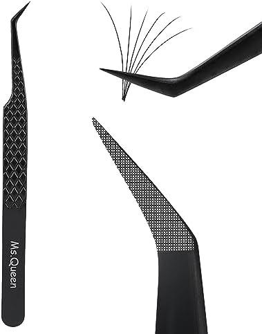 Ms.Queen Lash Extension Tweezers, Professional 45 Degree Fiber Grip Tweezers for Eyelash Extensions,Black