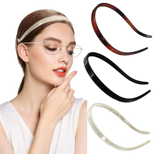 BIKCZEWIN 3PCS No Pressure Headbands for Women with Teeth No Headache Comfortable Hair band Plastic Fashion Skinny Loop Hair Accessories for Glasses Wearers