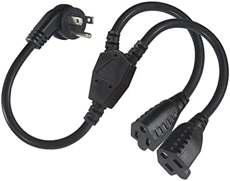 Power Extension Cord Y Splitter - 1FT Right Angled Type Flat Plug NEMA 5-15P 1 to 2 Way Outlet NEMA 5-15R SJT 16AWG 3 Prong Low Profile Black AC Power Cable Wire Extender for TV Computer Monitor