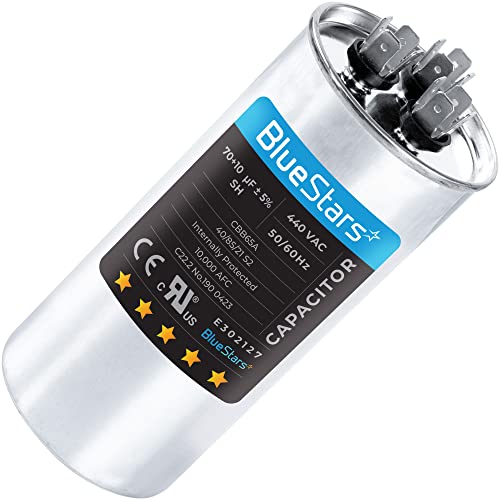 BlueStars 70+10 uF ±5% 70/10 MFD 370/440 VAC Dual Run Start Round Capacitor 50/60Hz 10000AFC for Condenser Straight Cool or Heat Pump Air Conditioner or AC Motor and Fan Starting