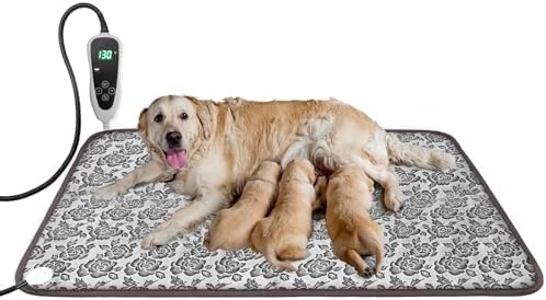 Extra Large Dog Heating Pad 47x30 in Waterproof Pet Heating Pad Smart Thermostat Switch, Whelping Supplies Heated Dog Bed, Adding Wire Rope Wires Puppy Heating Pad Mat-Rose
