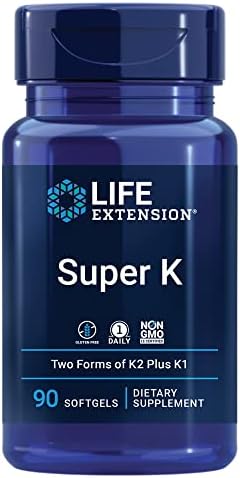 Life Extension Super K, vitamin K1, vitamin K2 mk-7, vitamin K2 mk-4, vitamin C, bone/heart/arterial health, 3-month supply, Gluten-Free, 1 Daily, Non-GMO, 90 softgels