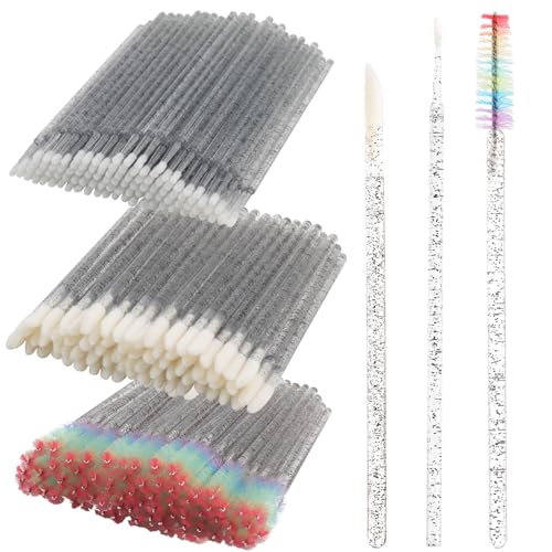 300 PCS Eyelash Extension Supplies Kit, Disposable Lash Spoolies Brushes Micro Swab Brushes Mascara Wand Lip Brushes for Eyelash Extension Tattoo Lipstick Applicator（Crystal Black Rainbow）