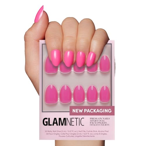 Glamnetic Press On Nails - Hot Pink | Opaque Bright Neon Pink Short Oval Fake Nails, Reusable | 15 Sizes - 30 Nail Kit
