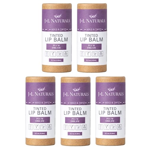 J&L Naturals Tinted Lip Balm | Vegan & Cruelty Free Lip Stain | Zero Waste Makeup | Plastic-Free, Hydrating & Moisturizing Lip Tint | Made in US (Bundle (5-Pack), Plum Dream)