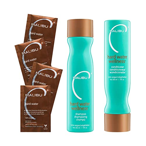 Malibu C Hard Water Wellness Collection - Hard Water Shampoo and Conditioner + Hard Water Mask Packets - Removes Hard Water Deposits & Impurities from Hair - Hydrating Hair Care (6 Ct)