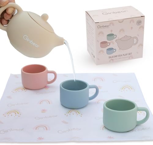 Ginbear Silicone Tea Party Play Set for Toddlers & Kids 1-3, Non-Toxic Baby Kitchen Toys for Children 12 Months+ (5 Piece Set)