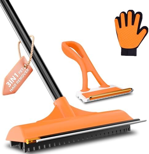 3 in 1 Carpet Rake Kit for Pet Hair Removal Tool-58''Adjustable Handle,Rubber Comb,2in1 Handheld Brush,Pet Grooming Glove,Carpet Scraper Brush for Rugs,Couch,Floors,Furniture,car,Dogs & Cats
