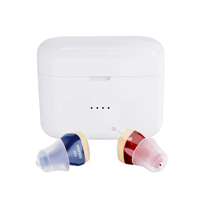 Invisible Rechargeable Hearing Aids for Seniors With Noise Cancelling, Hearing Amplifier for Adults, Rechargeable Hearing Aid With Storage and Charging Combo Portable Charging Case (red and blue)