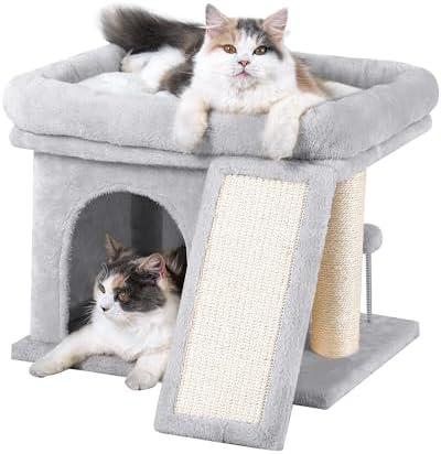 Cat Tree Tower for Large Cat, Cat Bed House with Large Perch for Adult Cats, 20 * 16.5 Inch Big Platform for Indoor with Super Cozy Mat, Large Condo with Scratching Post, Light Gray