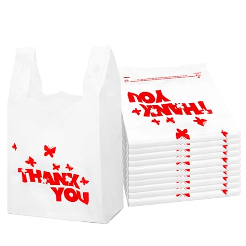 White Thank you bags, 100PCS T shirt bags, To Go Bags,Grocery bags, Reusable and Disposable,Perfect for Small Business,Take Out,Retail, Large