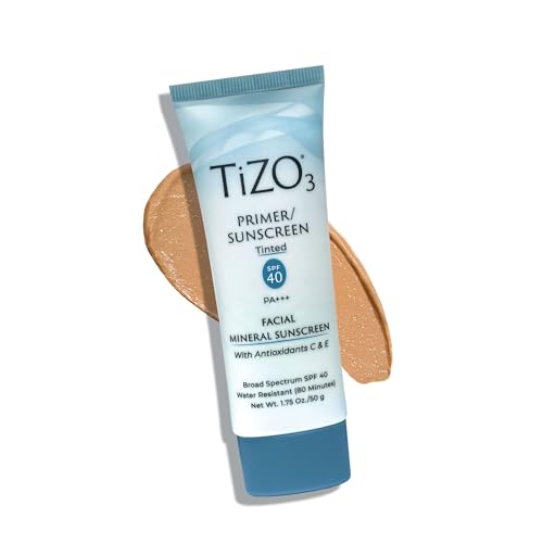 TiZO3 Facial Mineral Sunscreen and Primer, Tinted Broad Spectrum SPF 40 with Antioxidants, Sheer matte finish, Fragrance-Free, Oil-Free, Dermatologist-recommended, PA+++ 1.75 oz