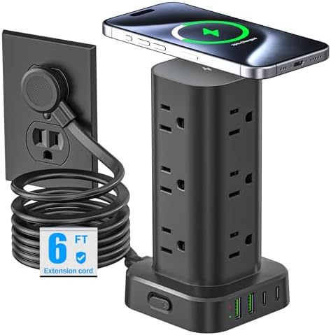 Tower Power Strip with 15W Wireless Charger, 6FT Flat Plug Extension Cord with Multiple Outlets, 12 AC Outlets, 4 USB Ports (2 USB C) Charging Station Surge Protector for Office Home Dorm Room (Black)