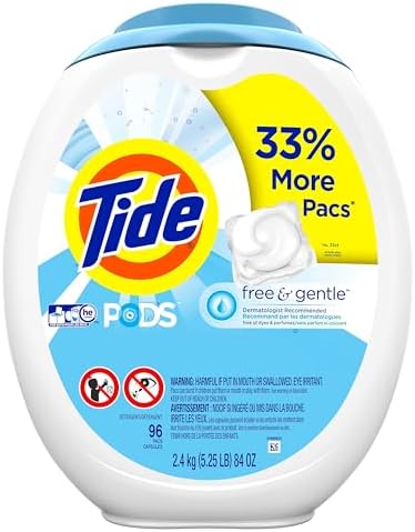 Tide PODS Free and Gentle, Laundry Detergent Soap PODS, HE, 96 Count - Unscented and Hypoallergenic for Sensitive Skin, Free and Clear of Dyes and Perfumes