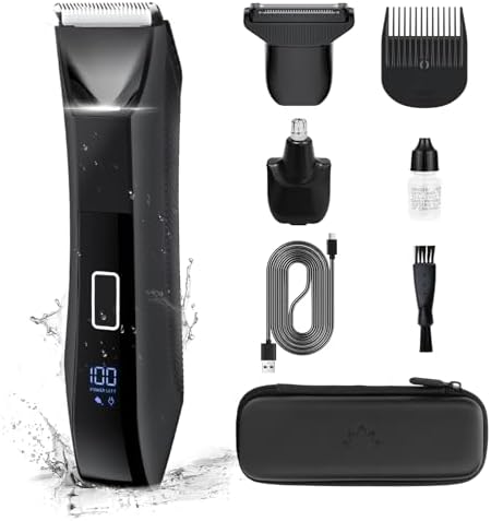 Body Hair Trimmer for Men, Manscape Groin and Ball Trimmer, Foil Shaver, Nose Hair Trimmer, Waterproof Wet/Dry Groomer, 3 in 1 Men's Grooming Kit, Lightweight with Travel Lock, LED Display