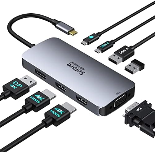 USB C Docking Station Dual HDMI Monitor Adapter, Selore USB C Hub 3 Monitors Adapter with Dual HDMI, Displayport, VGA, 100W PD Charging, 2USB A 2.0,USB C 2.0 Ports Adapter for Dell XPS,HP, Lenovo,etc
