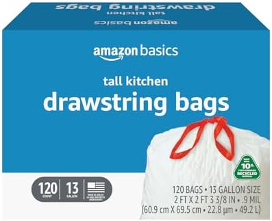 Amazon Basics - Tall Kitchen Trash Bags, 13 Gallon, 10% Post Consumer Recycled Content, Unscented, 120 Count, Pack of 1