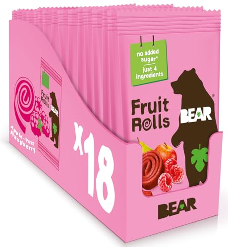BEAR Real Fruit Snack Rolls - Gluten Free, Vegan, and Non-GMO - Raspberry – Healthy School And Lunch Snacks For Kids And Adults, 0.7 Ounce (Pack of 18)