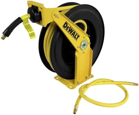 DEWALT Retractable Air Hose Reel 50ft, Wall or Truck Bed Mounted Usable for Pnuematic Air Tools for Mechanics, Garage, At Home and More: Double Arm Construction, 3/8in x 50ft Hose