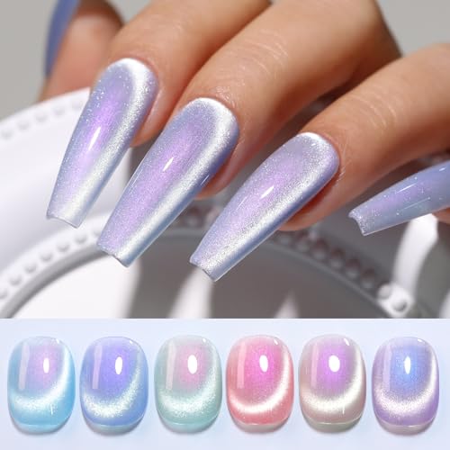 Double Rhythm Cat Eye Gel Nail Polish Set of 6 Colors Shimmer Glitter with Magnet 9D Holographic Reflective Magnetic Nail Polish Kit (Aurora Mermaid Blue Green Pink Purple-Kit 11)