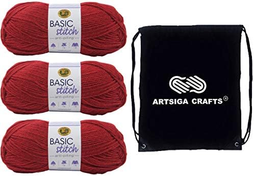 Lion Brand Basic Stitch Anti-Pilling Red Heather 202-400 (3-Skeins - Same Dye Lot) Worsted Medium #4 Acrylic Yarn for Crocheting and Knitting with Project Bag