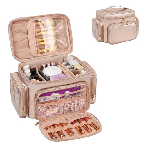 Large Makeup Bag, Portable Travel Makeup Bag Organizer for Women Girls with Makeup Brush Compartment & Two Side Pockets, Cosmetic Travel Bag Vertical Storage Toiletry Bag - Rose Gold