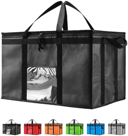 3XL Insulated Cooler Bag and Food Warmer for Delivery & Grocery Shopping with Zippered Top, Black (1 Pack)