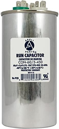 Appli Parts Dual Run Capacitor for ac 60+5 Mfd uF (microfarads) 370VAC or 450VAC CBB65 Round Universal fit for hvac and other applications 5-1/8 in High 2-1/4 in Wide CON-60/5-450