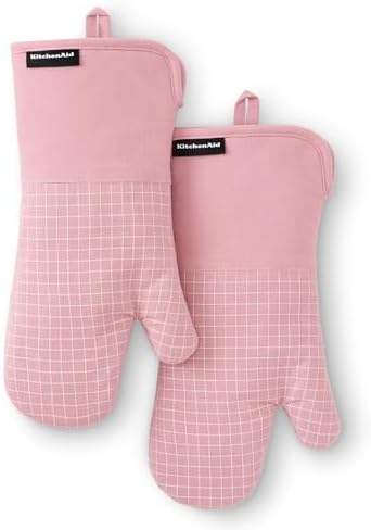 KITCHENAID Gourmet Series Gridlines Oven Mitts 2-Pack Set, Heat Resistant up to 600°F, Soft Silicone Grip, Magnetic Cuff, Dried Rose, 7"x14"